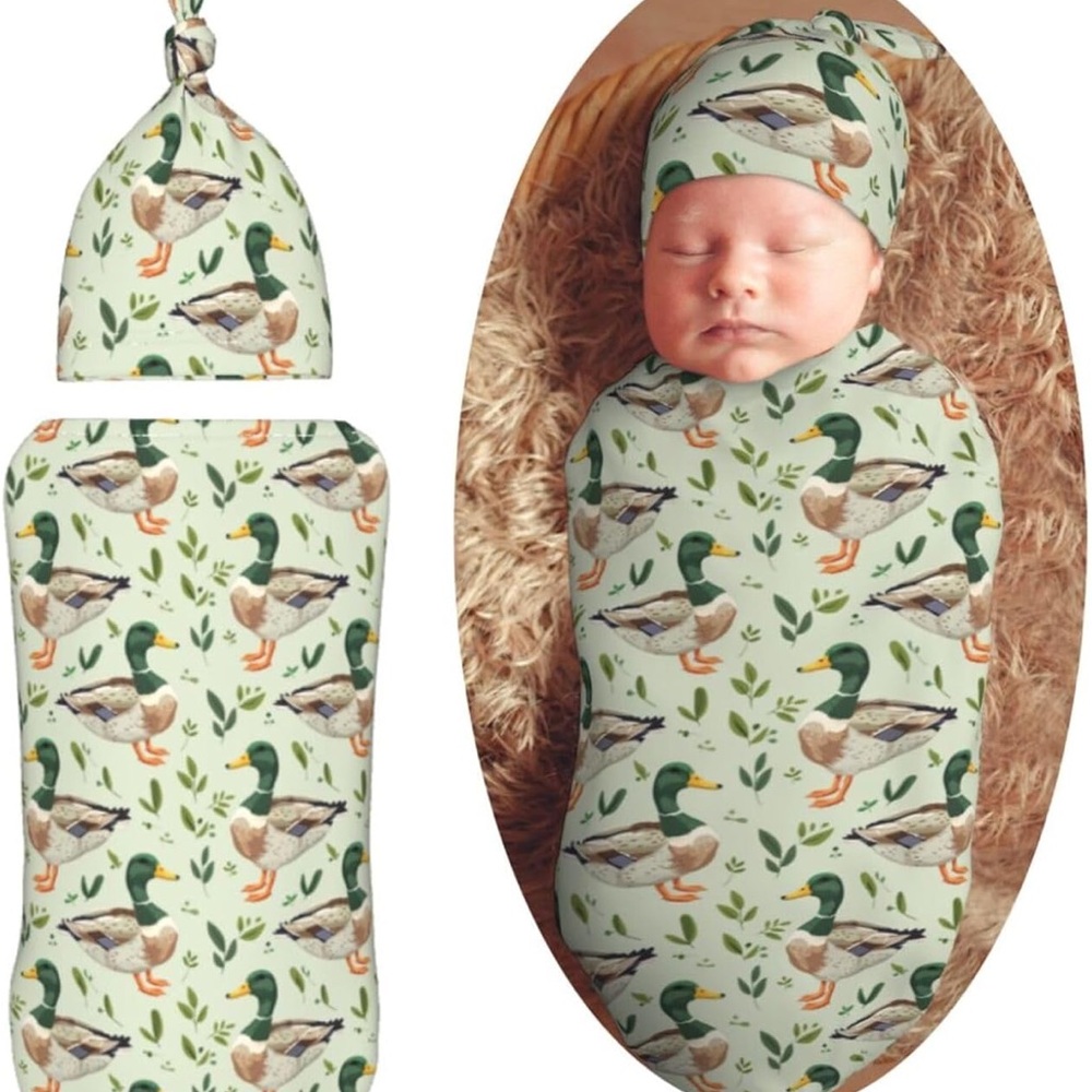 Amazon Baby Swaddle and Hat Set with Duck Print